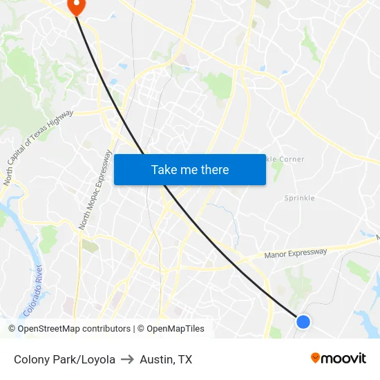 Colony Park/Loyola to Austin, TX map