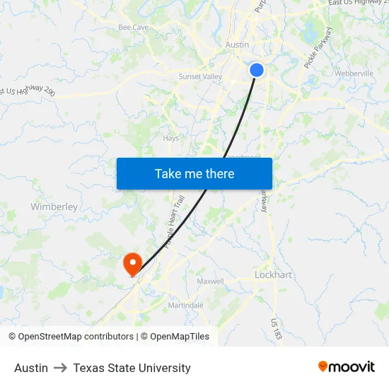 Austin to Texas State University map