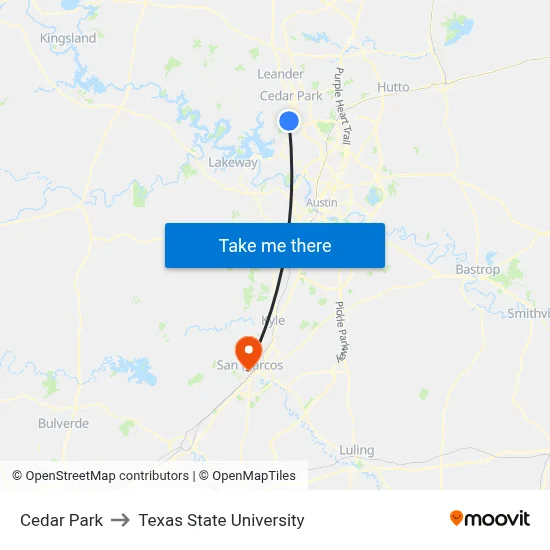 Cedar Park to Texas State University map