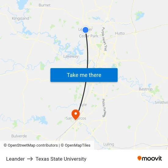Leander to Texas State University map