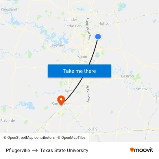 Pflugerville to Texas State University map