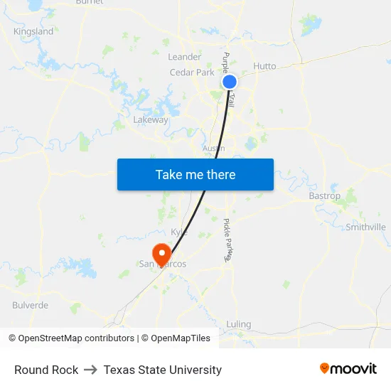 Round Rock to Texas State University map