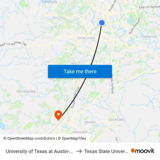 University of Texas at Austin-West to Texas State University map