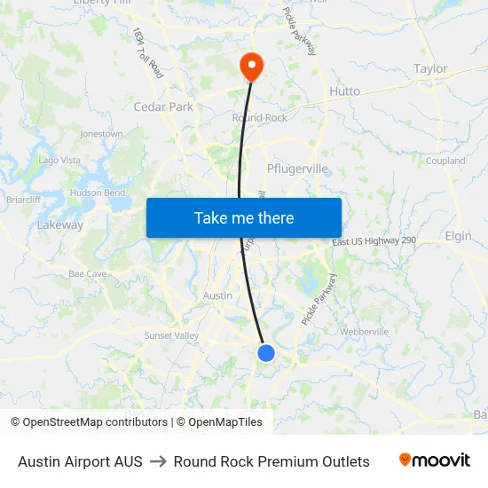 Austin Airport AUS to Round Rock Premium Outlets map