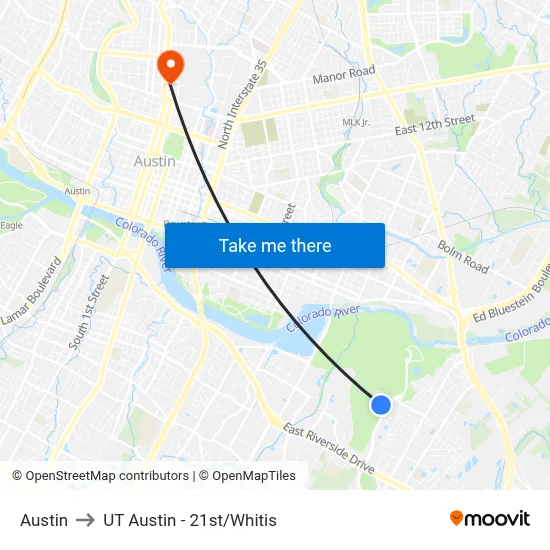 Austin to UT Austin - 21st/Whitis map