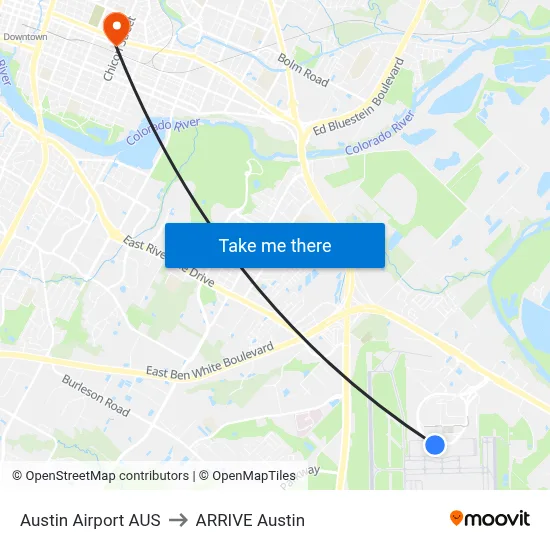 Austin Airport AUS to ARRIVE Austin map