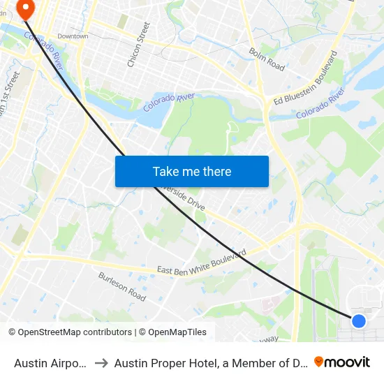 Austin Airport AUS to Austin Proper Hotel, a Member of Design Hotels map