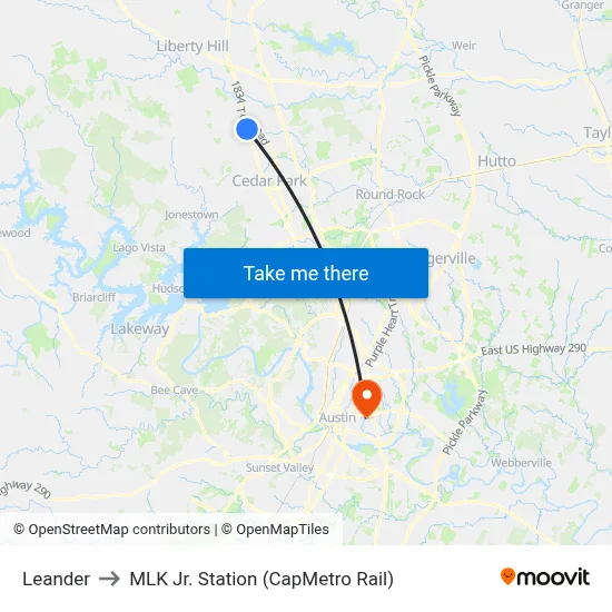 Leander to MLK Jr. Station (CapMetro Rail) map