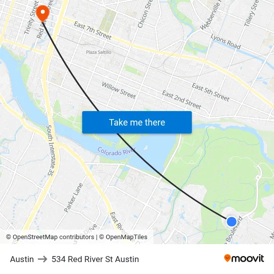 Austin to 534 Red River St Austin map