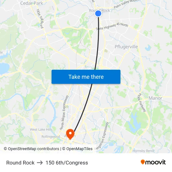 Round Rock to 150 6th/Congress map