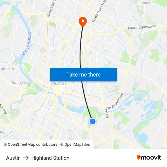 Austin to Highland Station map