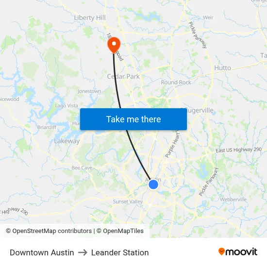 Downtown Austin to Leander Station map
