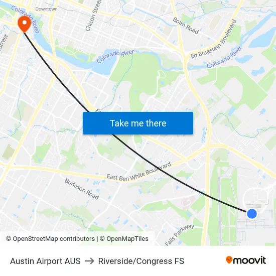 Austin Airport AUS to Riverside/Congress FS map