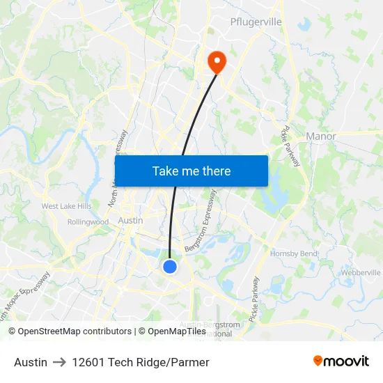 Austin to 12601 Tech Ridge/Parmer map