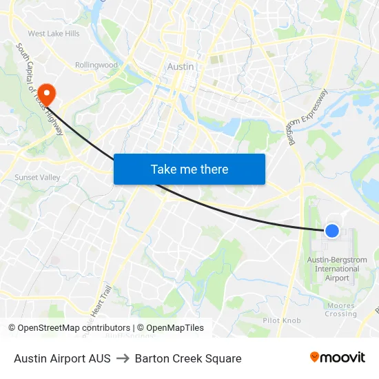 Austin Airport AUS to Barton Creek Square map
