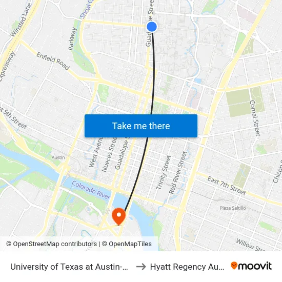 University of Texas at Austin-West to Hyatt Regency Austin map