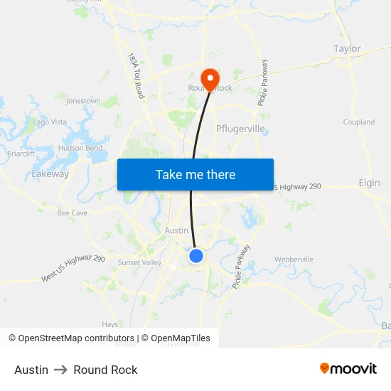 Austin to Round Rock map