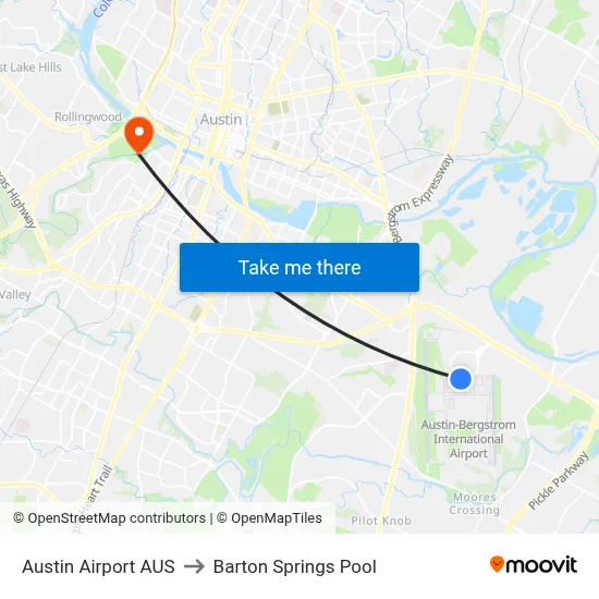 Austin Airport AUS to Barton Springs Pool map