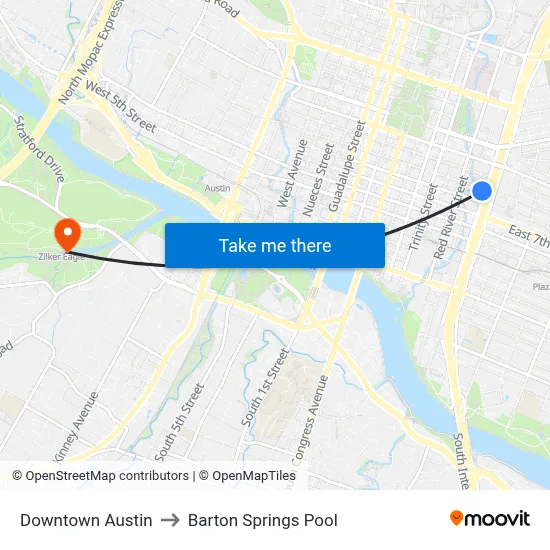 Downtown Austin to Barton Springs Pool map
