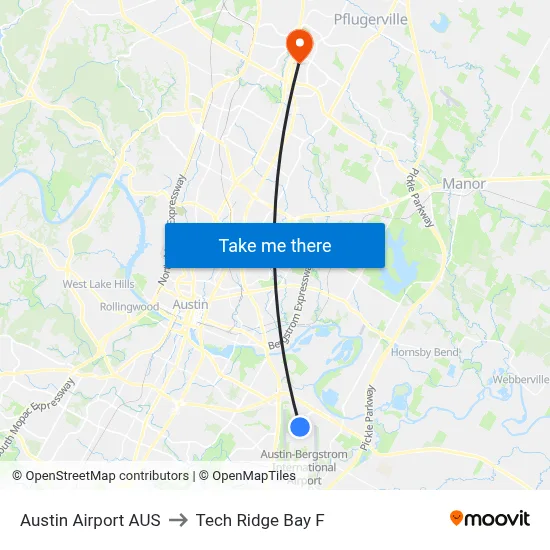 Austin Airport AUS to Tech Ridge Bay F map