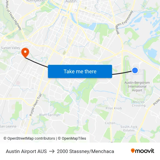 Austin Airport AUS to 2000 Stassney/Menchaca map