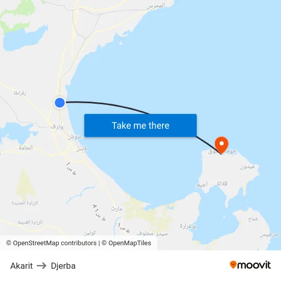 Akarit to Djerba map