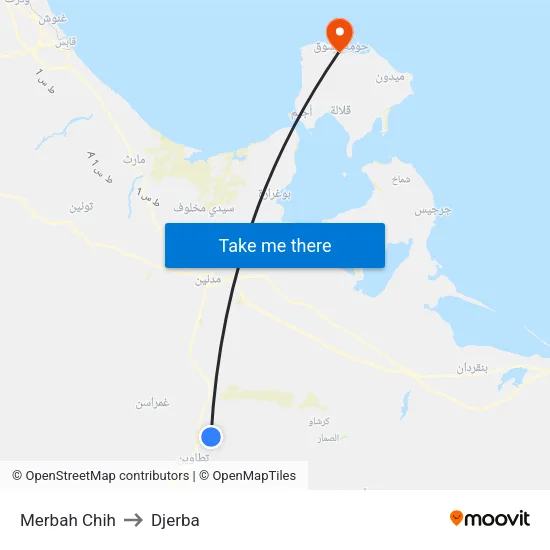 Merbah Chih to Djerba map