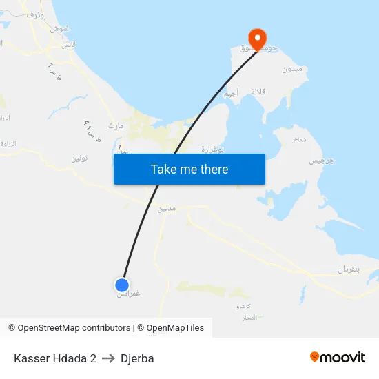 Kasser Hdada 2 to Djerba map