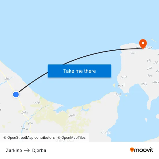 Zarkine to Djerba map