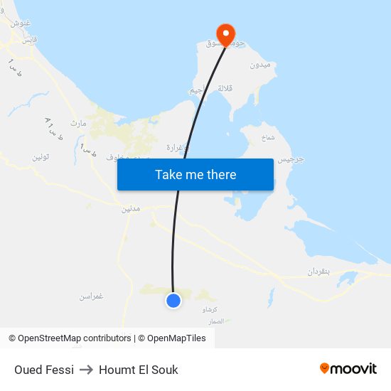 Oued Fessi to Houmt El Souk map