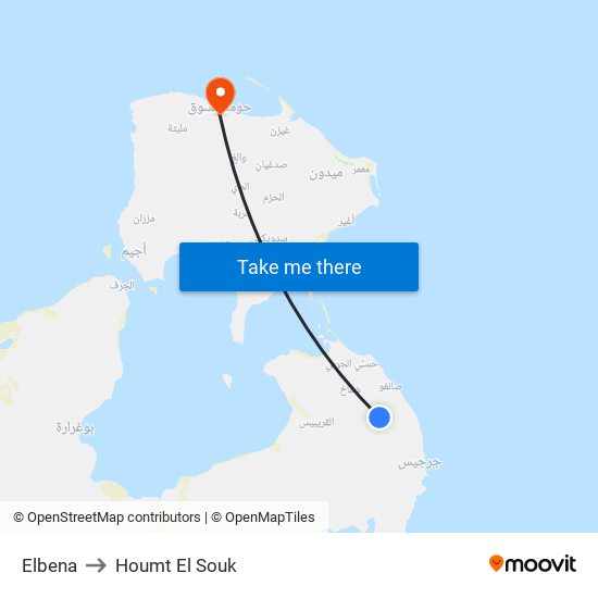 Elbena to Houmt El Souk map