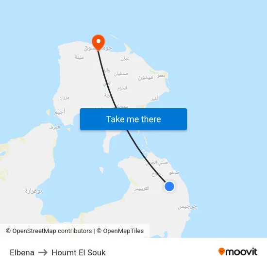 Elbena to Houmt El Souk map