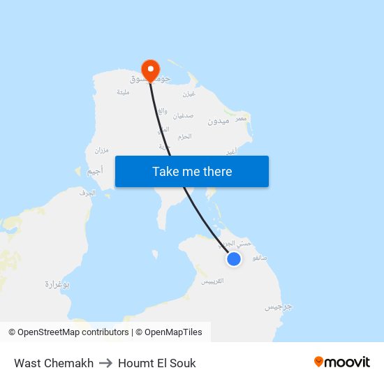 Wast Chemakh to Houmt El Souk map