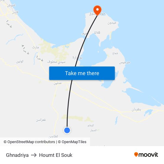 Ghnadriya to Houmt El Souk map