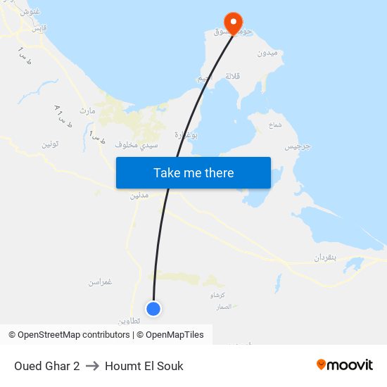 Oued Ghar 2 to Houmt El Souk map