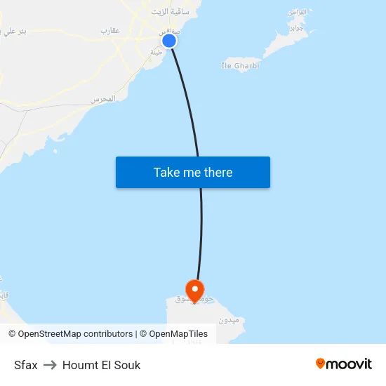 Sfax to Houmt El Souk map