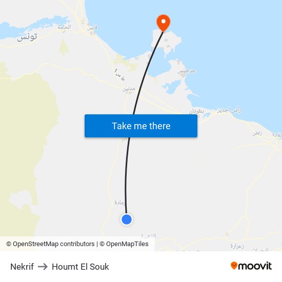 Nekrif to Houmt El Souk map
