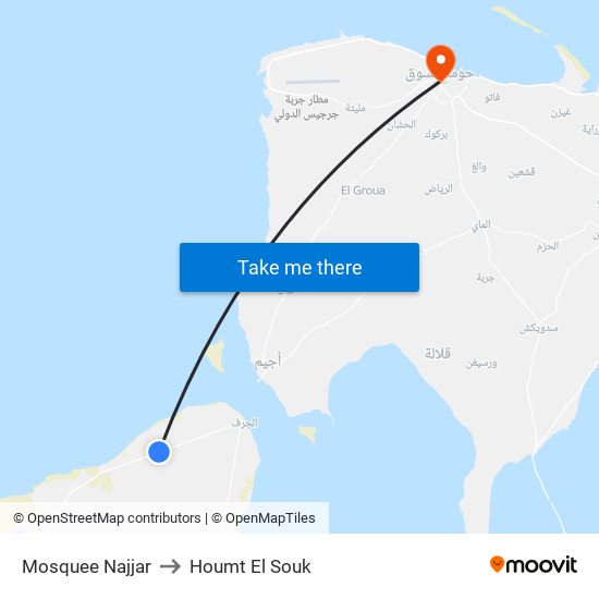 Mosquee Najjar to Houmt El Souk map