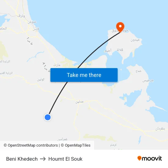 Beni Khedech to Houmt El Souk map