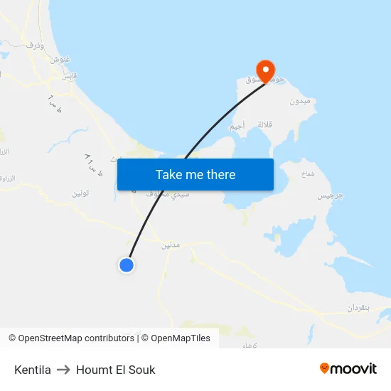 Kentila to Houmt El Souk map
