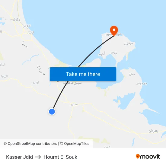 Kasser Jdid to Houmt El Souk map