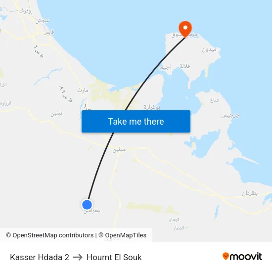 Kasser Hdada 2 to Houmt El Souk map