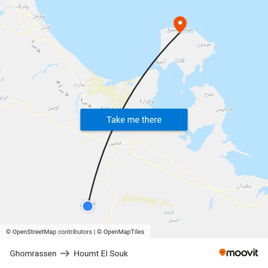 Ghomrassen to Houmt El Souk map