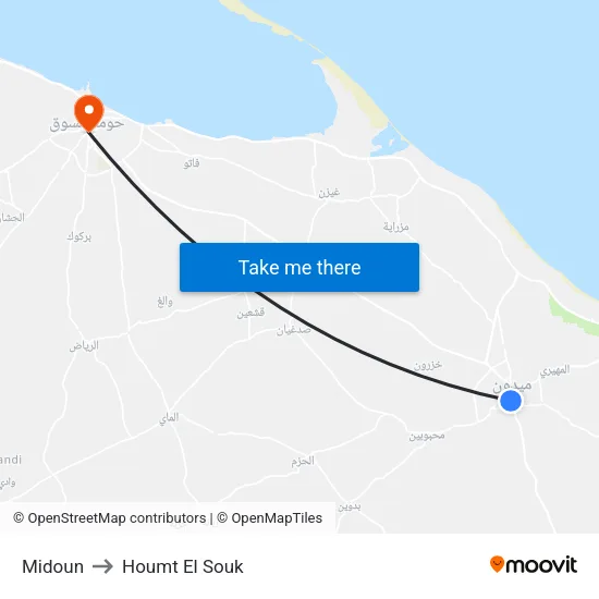 Midoun to Houmt El Souk map