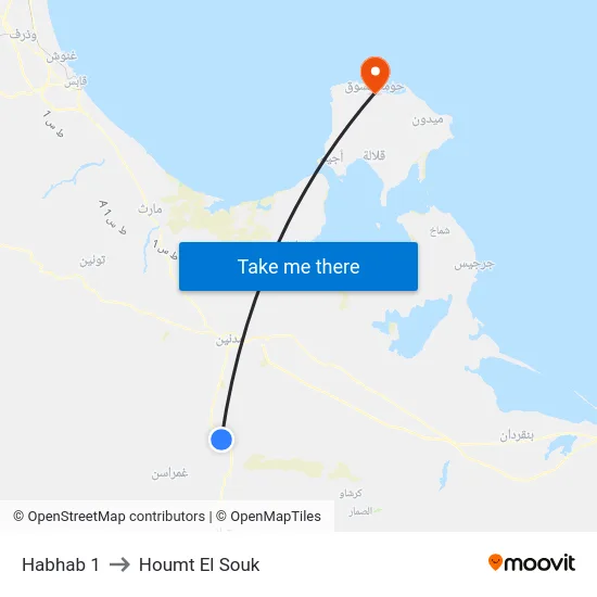 Habhab 1 to Houmt El Souk map