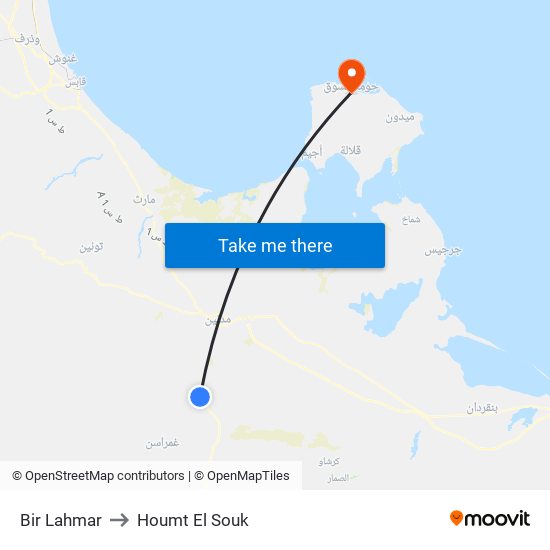 Bir Lahmar to Houmt El Souk map