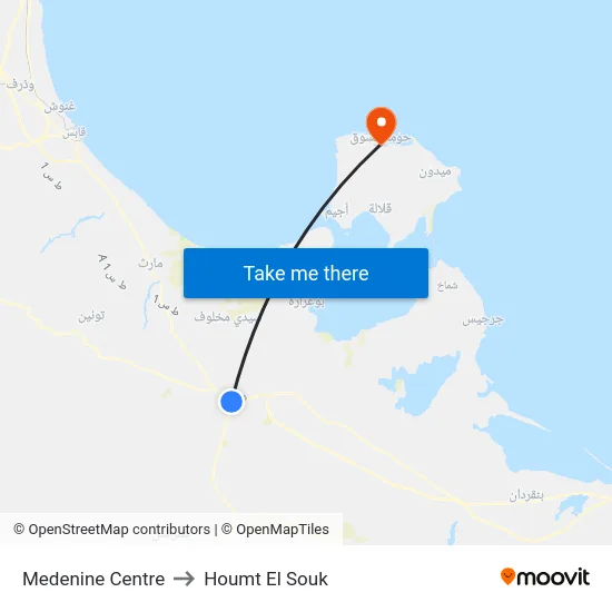 Medenine Centre to Houmt El Souk map