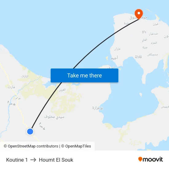 Koutine 1 to Houmt El Souk map