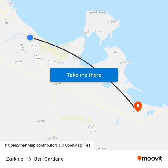 Zarkine to Ben Gardane map