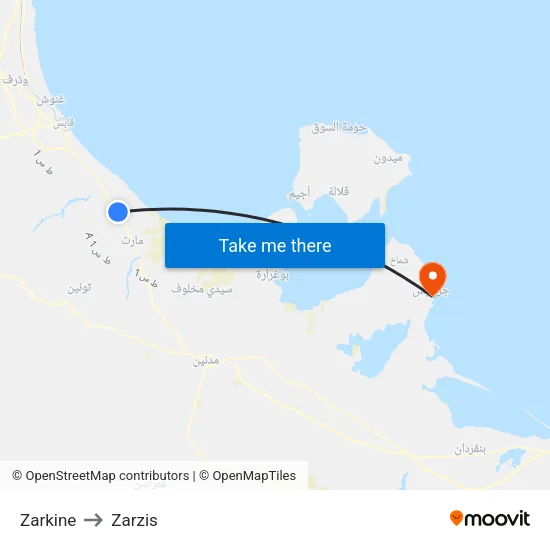 Zarkine to Zarzis map